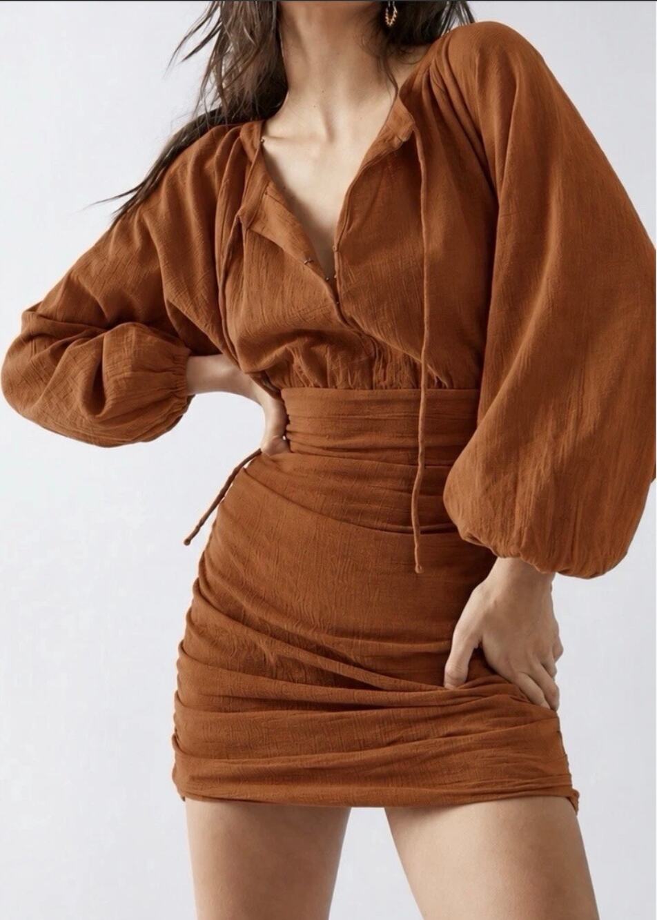 Free People Burnt Orange Ruched Mini Dress Tie Waist Long Sleeve Boho Size M NWT